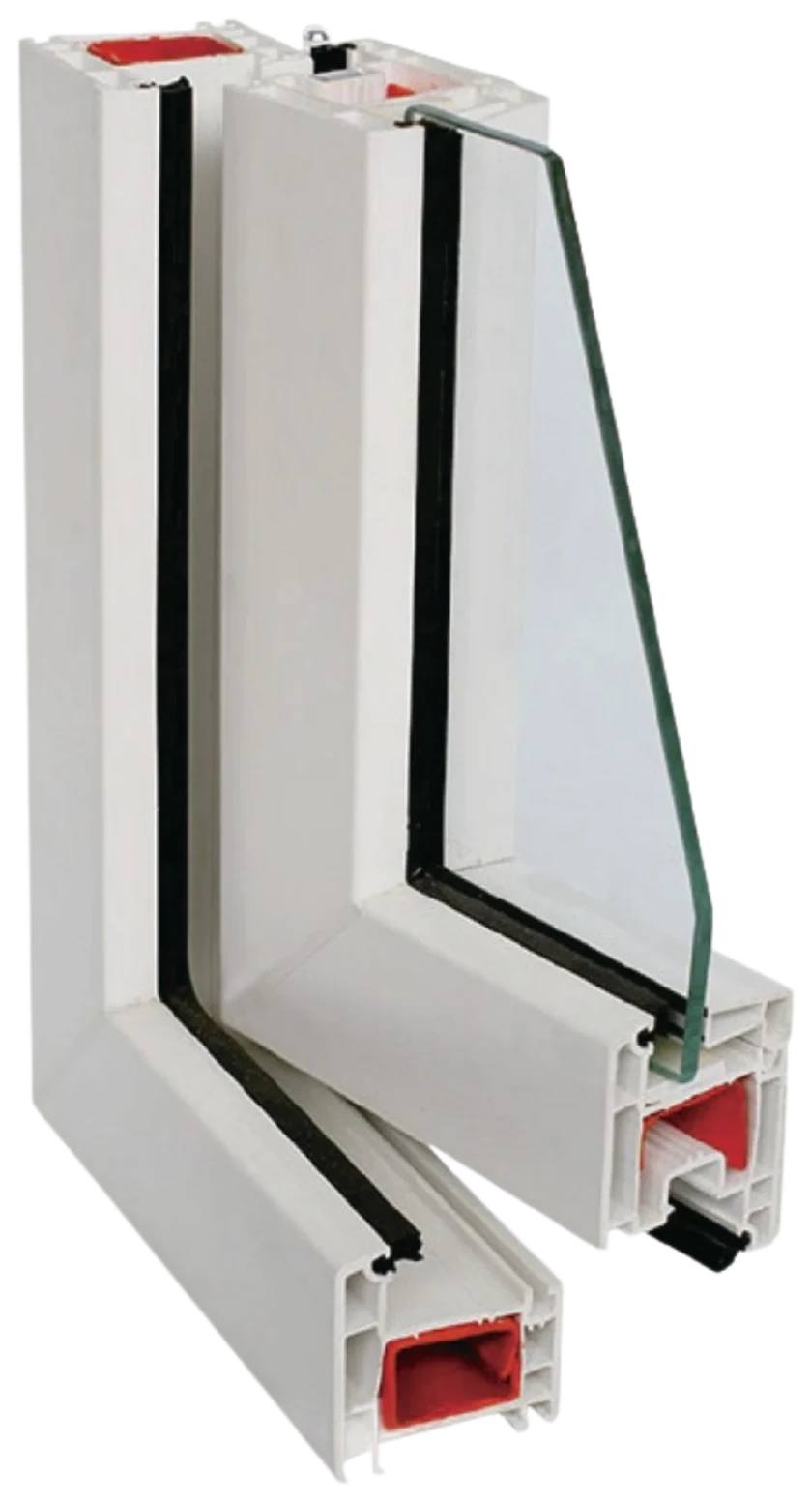 Cut-away corner of a UPVC window: a hollow white profile with a steel core inside, a black rubber gasket and a glass pane.