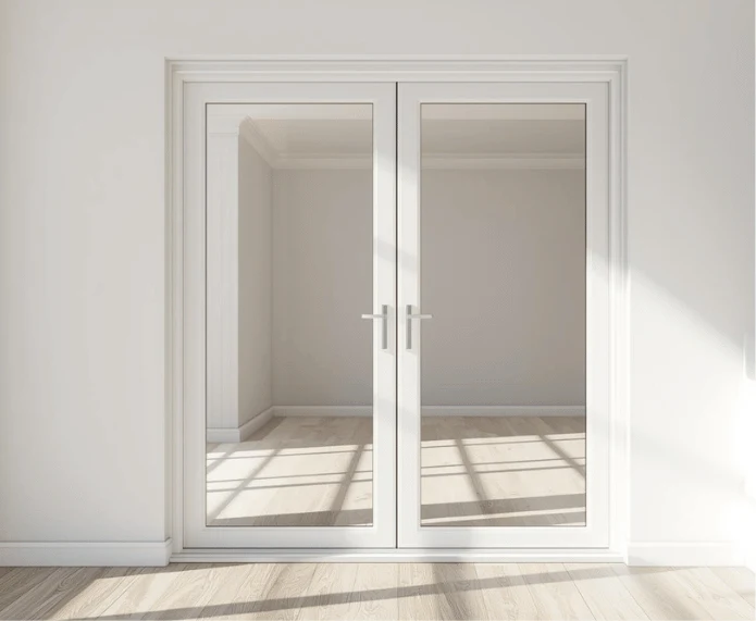 Pintu casement UPVC putih dua daun berkaca bening di ruangan terang berlantai kayu